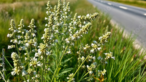 A cluster of mugwort plants with silvery leaves sways in a summer breeze by a roadside.