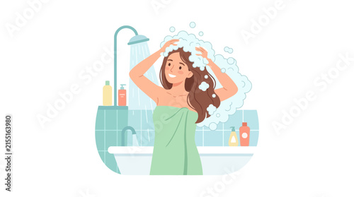 Woman washing hair in shower with shampoo