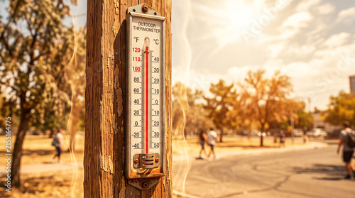 Outdoor thermometer showing dangerously high temperatures during a scorching summer heatwave in a sunny park.
