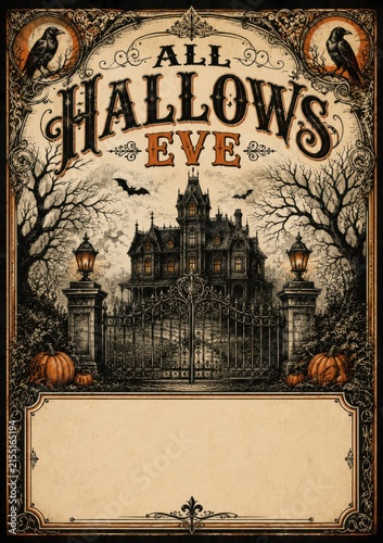 Vintage Halloween poster with haunted mansion and All Hallows Eve text