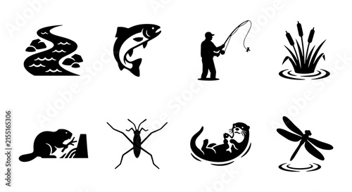 Fishing Icons Set: River, Salmon, Angler, Reeds, Beaver, Water Strider, Otter, Dragonfly