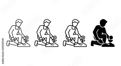 Gardener Planting Flower Icons, Person Cultivating Plant, Agricultural Vector Graphics, Organic Growth Set