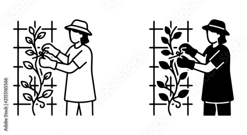 Gardening Icons: Woman Tending Plant on Trellis, Vector Set, Black and White Outline & Silhouette