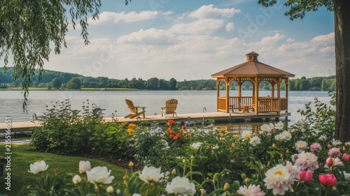 Idyllic Wooden Gazebo on Lake Dock Surrounded by Flower Garden