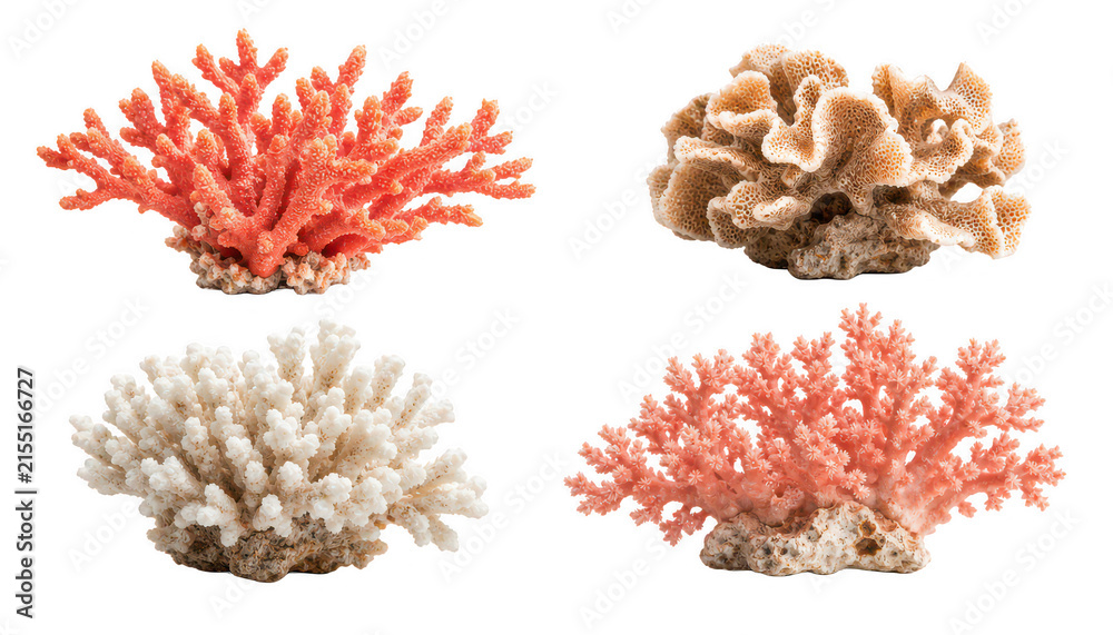 Naklejka premium Collection of four natural ocean coral reef specimens including red, white, beige, and pink coral isolated on transparent background.