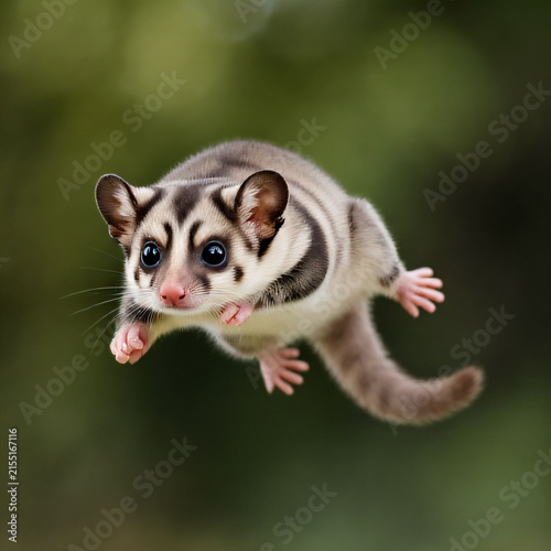 Sugar glider leaping mid-air with legs outstretched against a soft green background