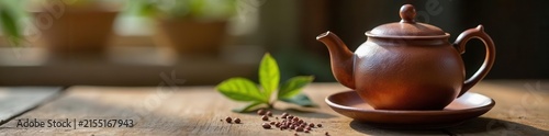 Rustic teapot and filled teacup on wooden table, surface, close up