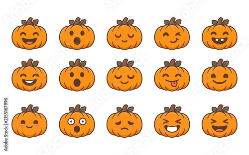 Set of cute pumpkin emoji icons with various facial expressions for halloween and autumn holiday design projects