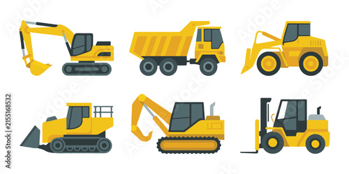 Yellow construction machinery vector set featuring excavators dump trucks loaders and forklift truck.