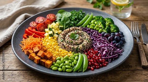 Healthy vegan buddha bowl with fresh vegetables and grains on a rustic wooden dining table. rainbow meal presentation