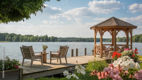 Scenic Lakefront Wooden Deck with Seating and Gazebo Structure Surrounded by Flowers