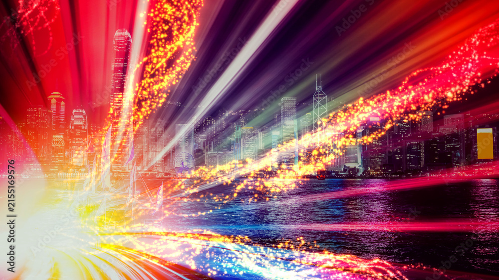 Fototapeta premium Vibrant, dazzling cityscape of Hong Kong at night with bright lights.