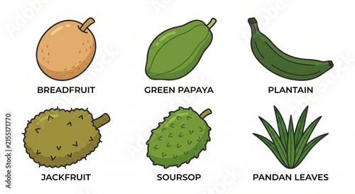 Tropical Cooking Fruits and Culinary Leaves Flat Vector Icon Set
