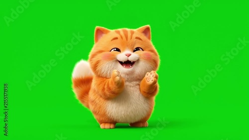 Cute 3D animated orange tabby cat clapping happily on green screen background.