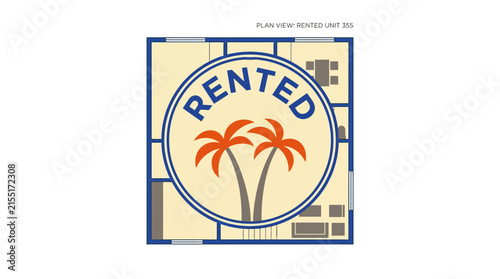 Circular rented stamp featuring palm trees and floor plan.