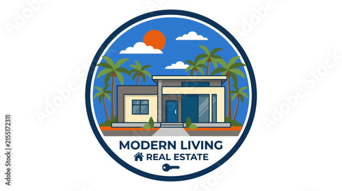 Circular real estate logo with modern house and palms.