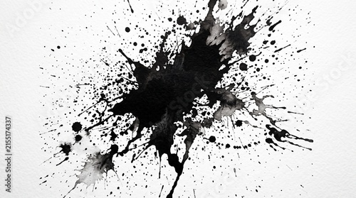 Dramatic black ink explosion splatter on pure white background for bold creative designs