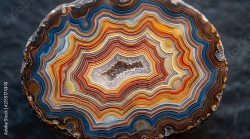 Vibrant agate stone slice with concentric banded patterns in orange, blue, and white hues for design projects
