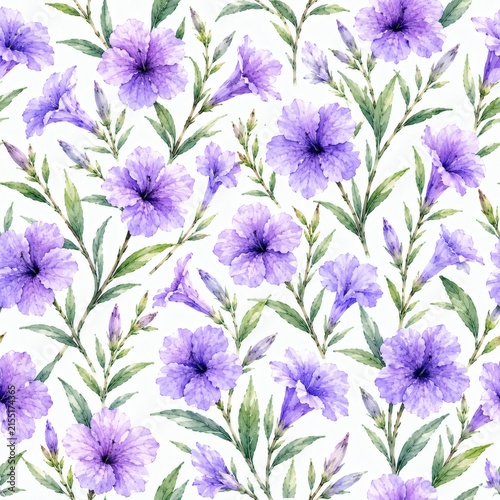 Seamless watercolor pattern with purple flowers and green leaves