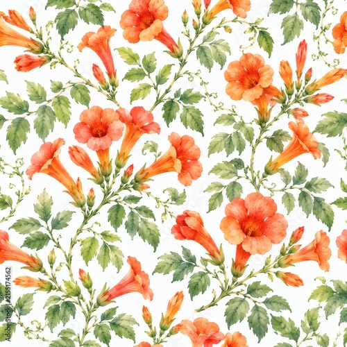 Seamless floral pattern with orange trumpet flowers and green leaves