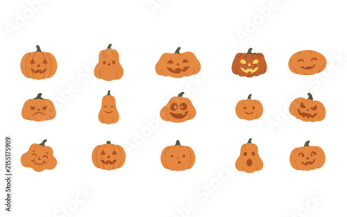 Set of cute hand drawn pumpkins with various funny and spooky facial expressions for halloween holiday design