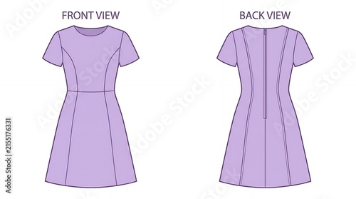 Technical Drawing of a Lilac Short Sleeve A-Line Dress with Princess Seams and Zipper Detail Front and Back Views