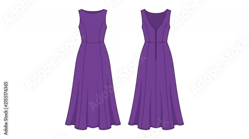 Technical Fashion Sketch of a Purple Sleeveless Maxi Dress with Flared Skirt and V Back for Clothing Design