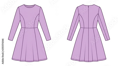 Purple Long Sleeve A-Line Skater Dress Fashion Design Technical Flat Sketch Template with Front and Back Views