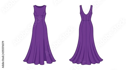 Elegant Purple Sleeveless Maxi Evening Gown Technical Fashion Sketch with Front and Back Views for Design