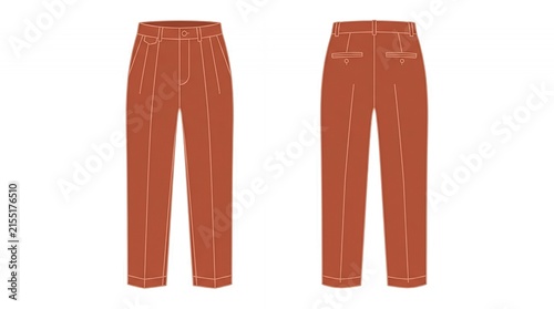Technical Flat Sketch of Burnt Orange Pleated Trousers Front and Back View for Fashion Design and Garment Production