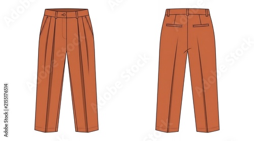 Women's Terracotta High Waisted Pleated Trousers Technical Fashion Sketch with Front and Back View Flat Illustration