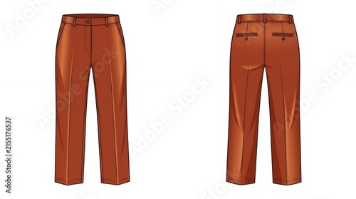 Terracotta Brown Tailored Trousers Technical Fashion Illustration Featuring Front and Back Flat View Designs