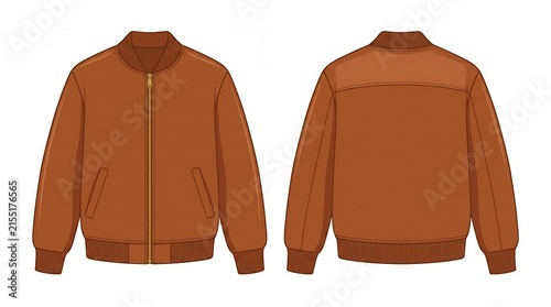 Brown Bomber Jacket Template Front and Back View Stylish Casual Men Outerwear Apparel Technical Design Mockup