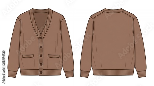 Classic Brown Men's Knit Cardigan Sweater Technical Drawing Fashion Flat Sketch Front and Back Views