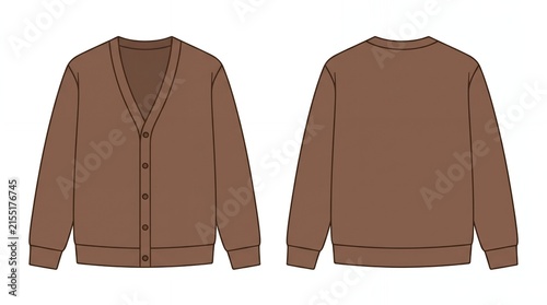 Professional Brown Cardigan Sweater Illustration for Clothing Design Template with Front and Back Views