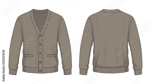 Classic Brown Knitted Cardigan Sweater Technical Sketch Front and Back View Fashion Design Template Mockup