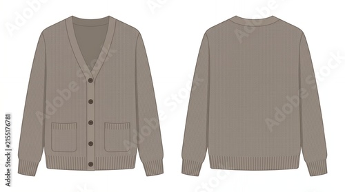 Fashion Technical Drawing of a Brown Knit V-Neck Cardigan Sweater Featuring Front and Back View Mockup for Design