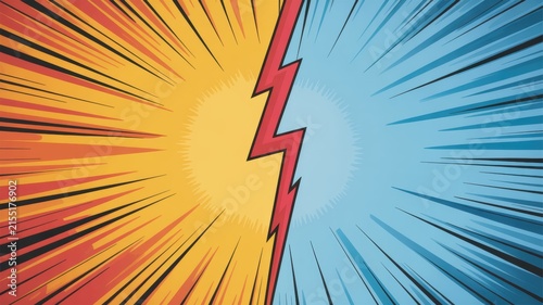 Comic Book Style Background with Explosive Lightning Strike and Radiating Speed Lines in Red Blue and Yellow