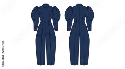 Women's Navy Blue Jumpsuit with Dramatic Puff Sleeves Fashion Technical Flat Sketch Front and Back