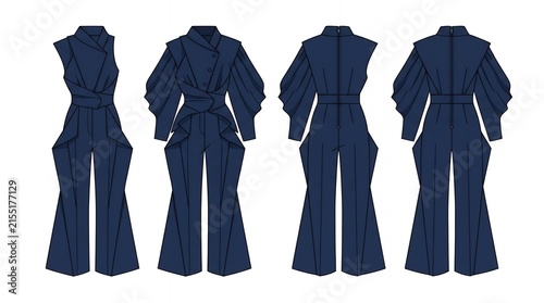 Dark Navy Blue Avant-Garde Jumpsuit Fashion Flat Technical Illustration with Asymmetric Draped Sleeves and Wide Leg Pants Front an