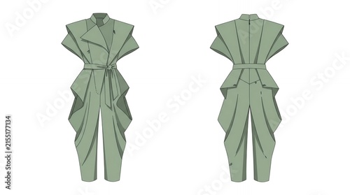 Contemporary Sage Green Avant-Garde Jumpsuit with Structured Sharp Shoulders and Draped Origami Folds