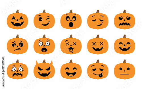 Set of cute cartoon pumpkin characters with various facial expressions for halloween holiday design and decoration