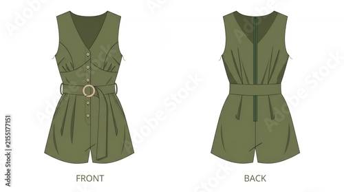 Stylish Olive Green Sleeveless Romper with Belt and Button Front Fashion Technical Flat Drawing for Women