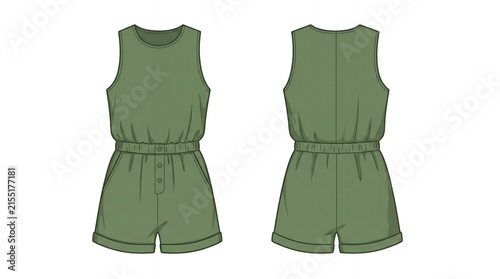 Women Sleeveless Olive Green Romper Technical Flat Fashion Sketch with Elastic Waist and Pockets Front and Back View