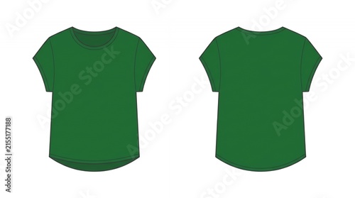 Dark Green Short Sleeve T-Shirt Mockup Template Technical Fashion Drawing Front and Back View for Apparel Design