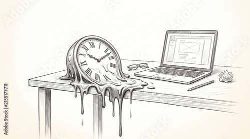 Surreal Melting Clock on Office Desk with Laptop and Coffee Cup.