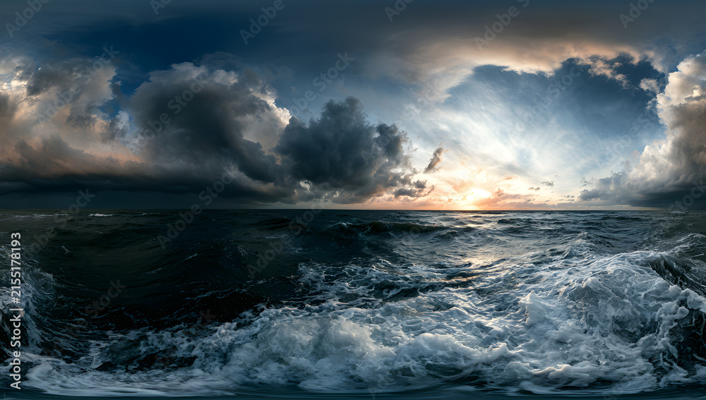 Naklejka premium A finely detailed 360-degree spherical high dynamic range image panorama capturing a storm over the sea