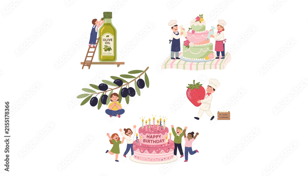 Naklejka premium Cute tiny people vector illustration set featuring chefs baking birthday cake, children celebrating, and olive oil harvest concepts