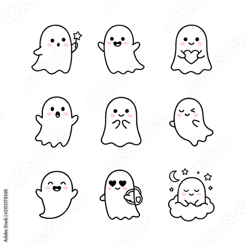 Vector Set of Cute Ghosts in kawaii style