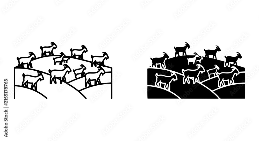 Fototapeta premium Herd of Goats on Hills Vector Art, Simple Line Icons, Black and White Livestock Graphics